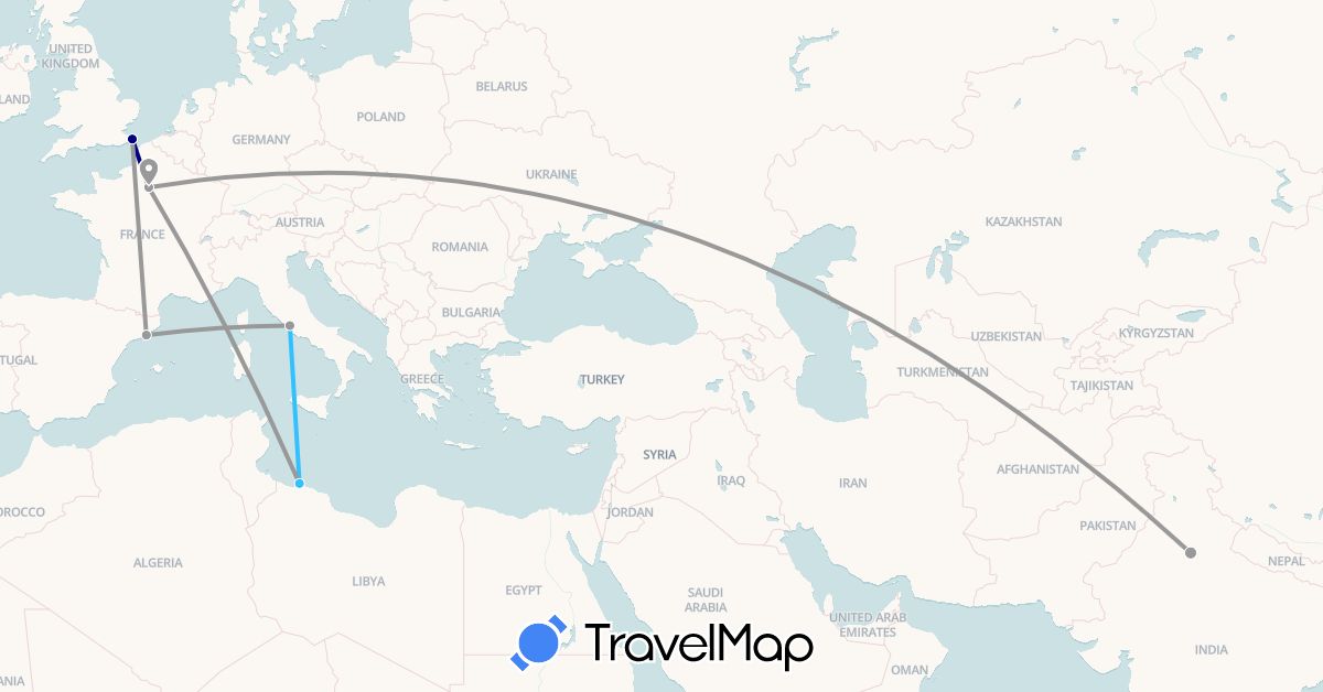 TravelMap itinerary: driving, plane, boat in Spain, France, United Kingdom, India, Italy, Libya (Africa, Asia, Europe)